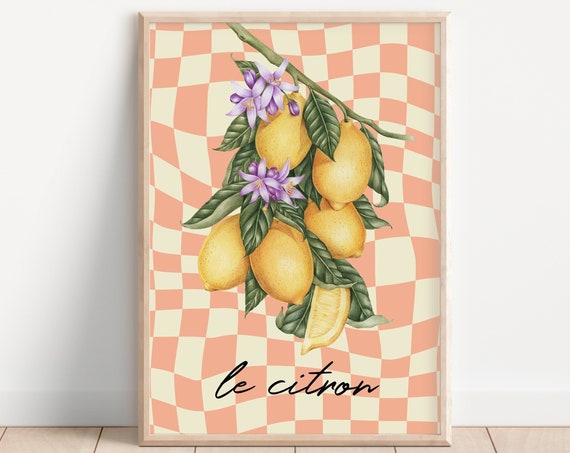 La Citron Print Checkerboard Pastel Aesthetic French Trippy Hippie Citrus Fruit Retro 60s 70s Colourful Modern Art Kitchen Prints