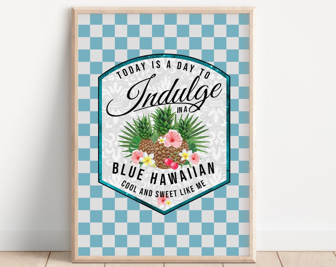 Blue Hawaiian Cocktail Tropical Pineapple Retro Checkerboard Poster