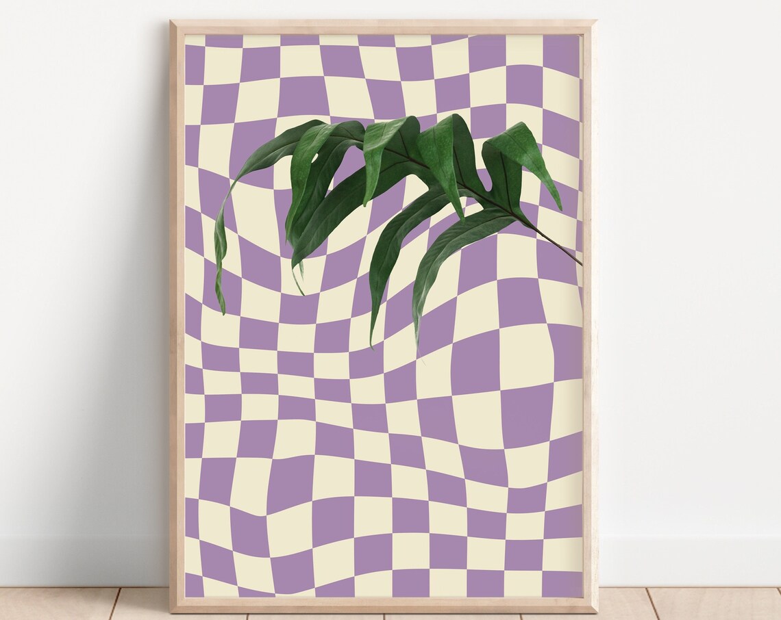 Retro Psychedelic Palm Leaves Checkerboard Art Print