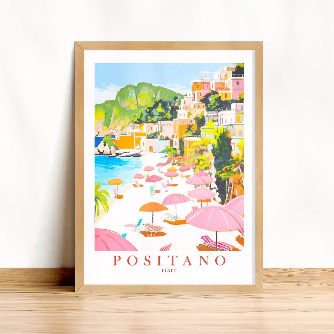 Positano Italy Beach Pink Umbrellas Coastal Amalfi Summer Poster