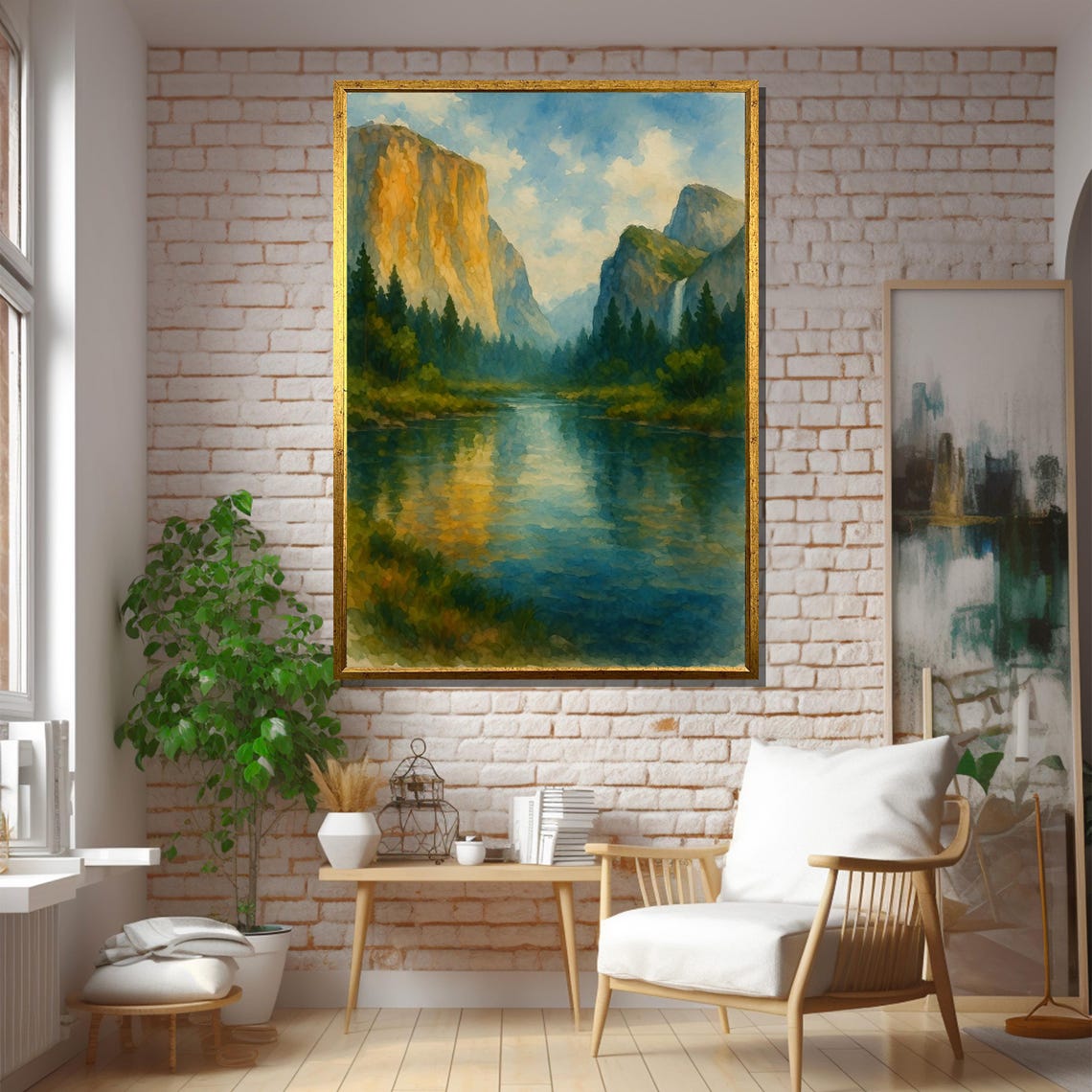 Majestic Mountain River Landscape Painting Framed Black White Gold Silver Gallery Wrapped Or Rolled Art Print Serene Decor - Image 5