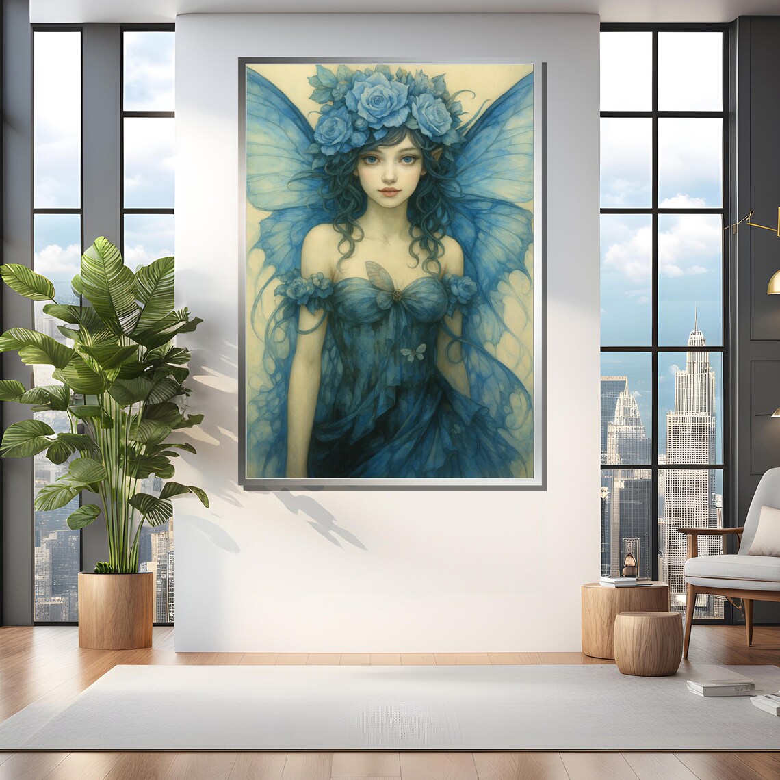 Blue Fairy Girl With Roses And Wings Art Print - Image 4