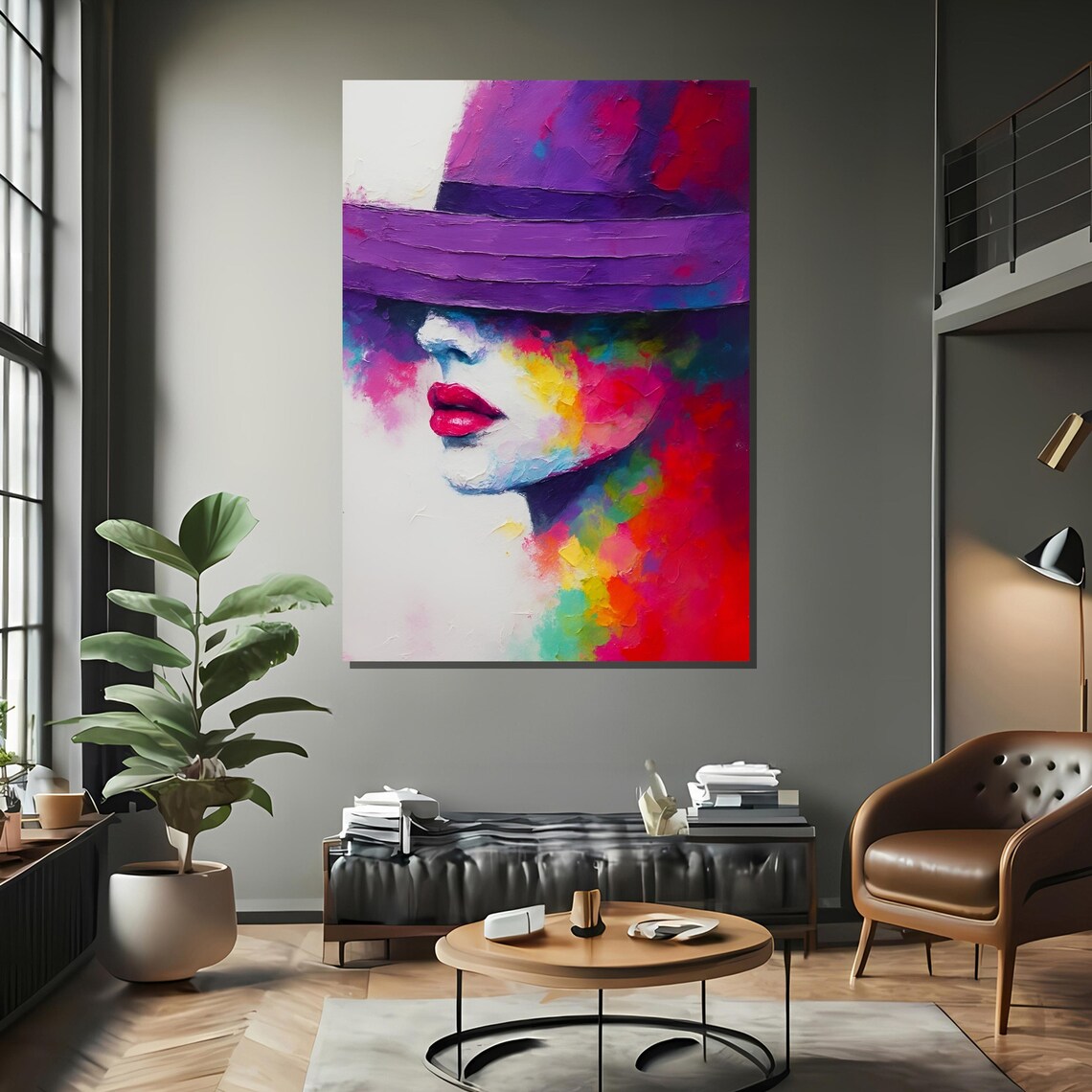 Colorful Woman With Purple Hat, Living Room Decor - Image 2