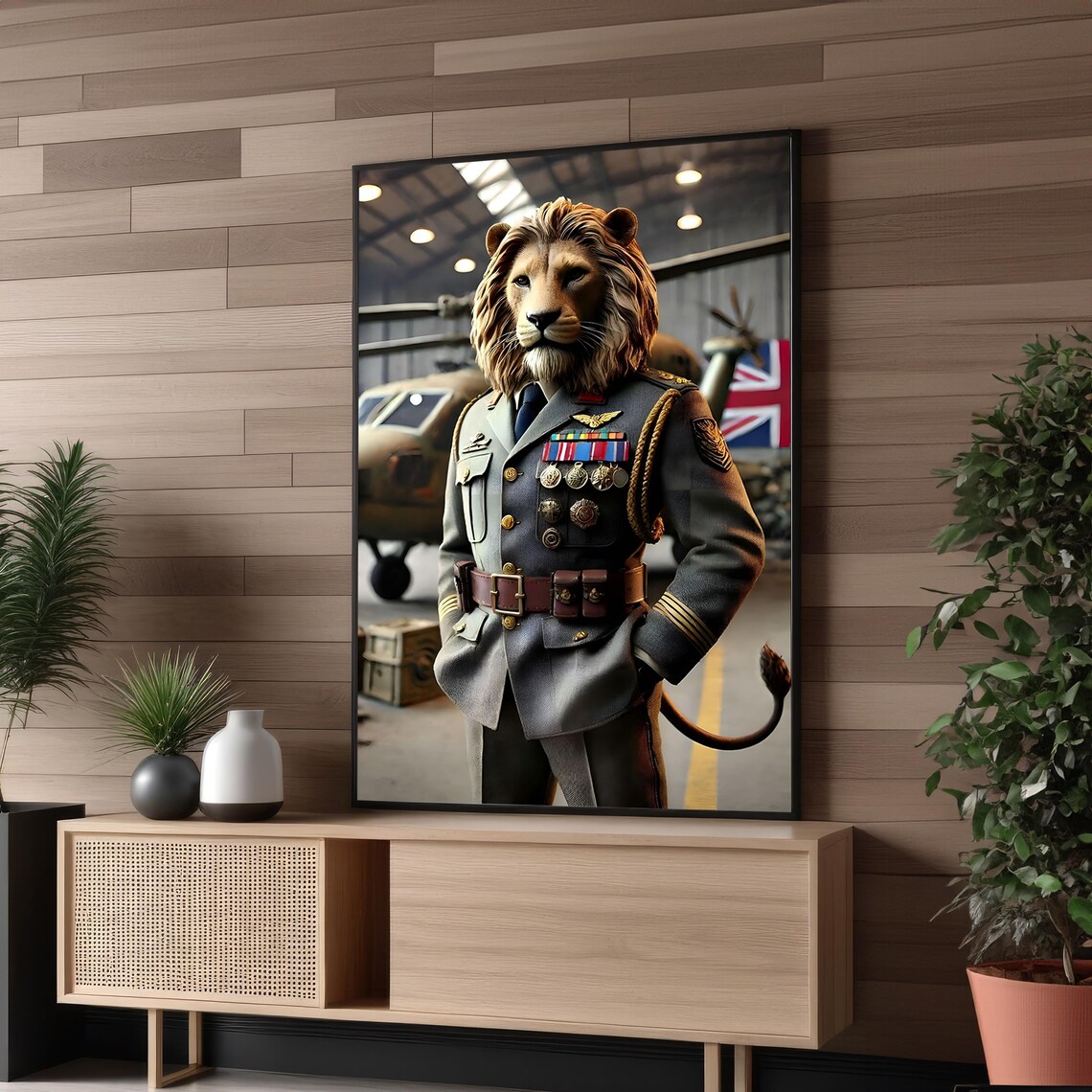 Lion Dressed as British Military Officer Medals Funny Animal Poster