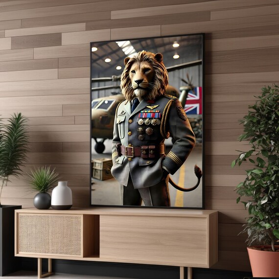 Lion Dressed as British Military Officer Medals Funny Animal Poster
