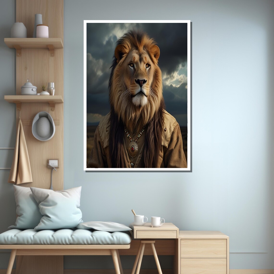 Regal Warrior Lion Portrait, Tribal Attire Art Print - Image 3