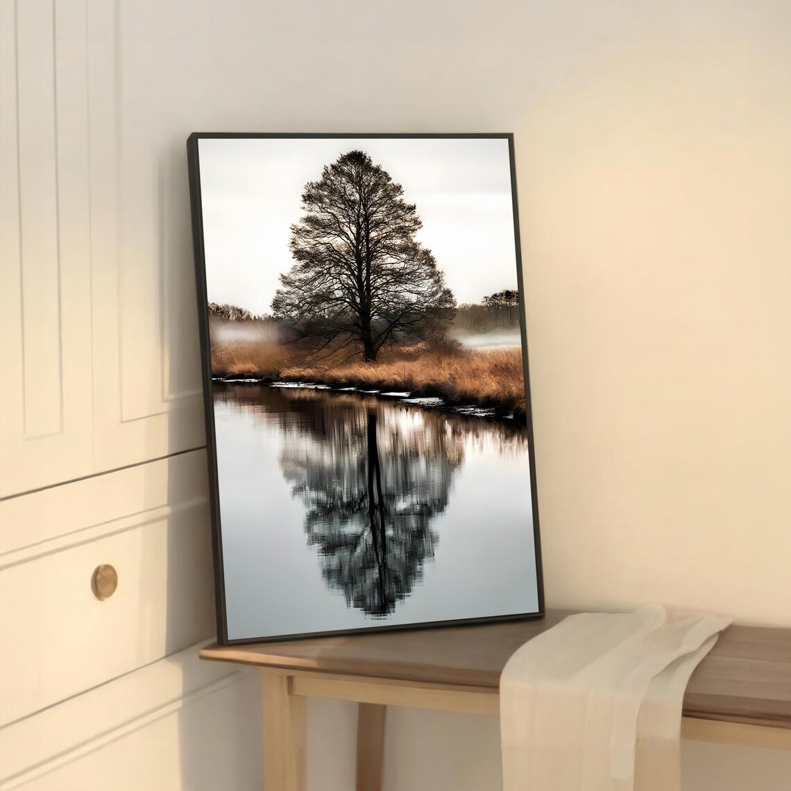 Misty Morning Reflection, Tranquil Tree River Landscape - Image 5