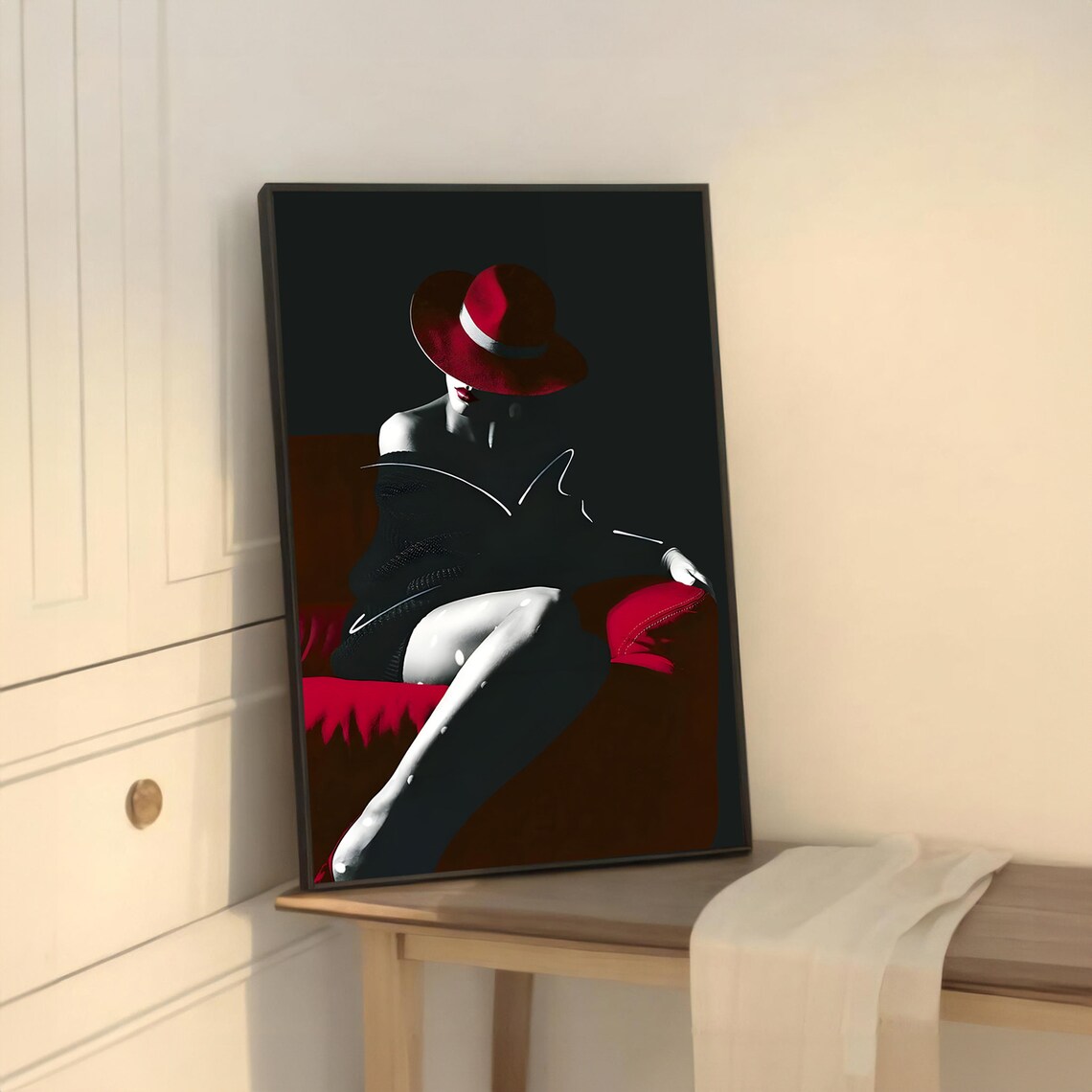 Elegant Red Hat Woman, Sophisticated Portrait Art - Image 5