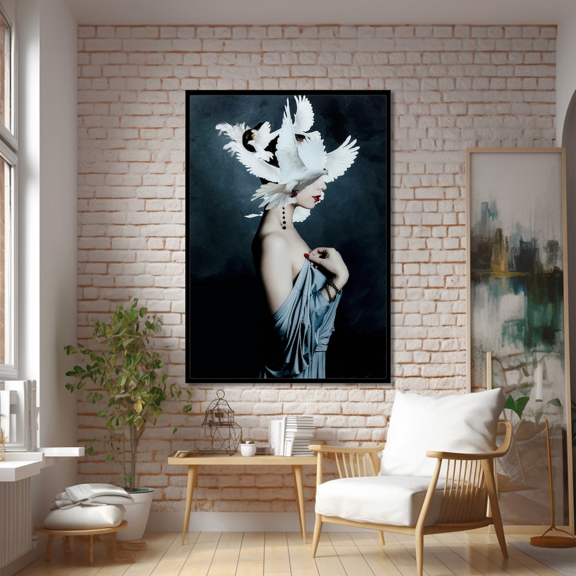 Elegant Woman With White Birds, Timeless Decor - Image 2
