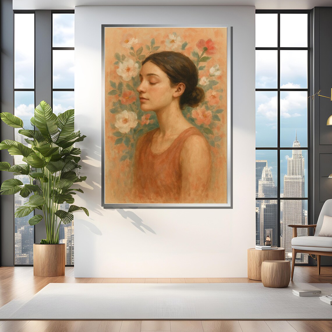 Serene Woman With Flowers Art Print - Image 4