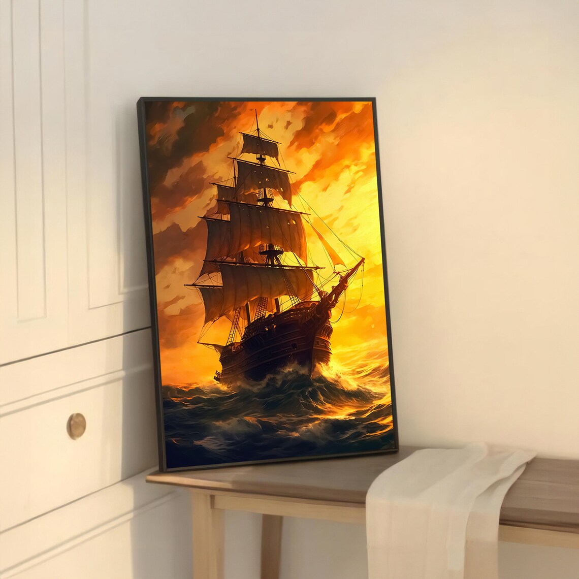 Majestic Sunset Sailing Ship Painting, Nautical Decor - Image 5