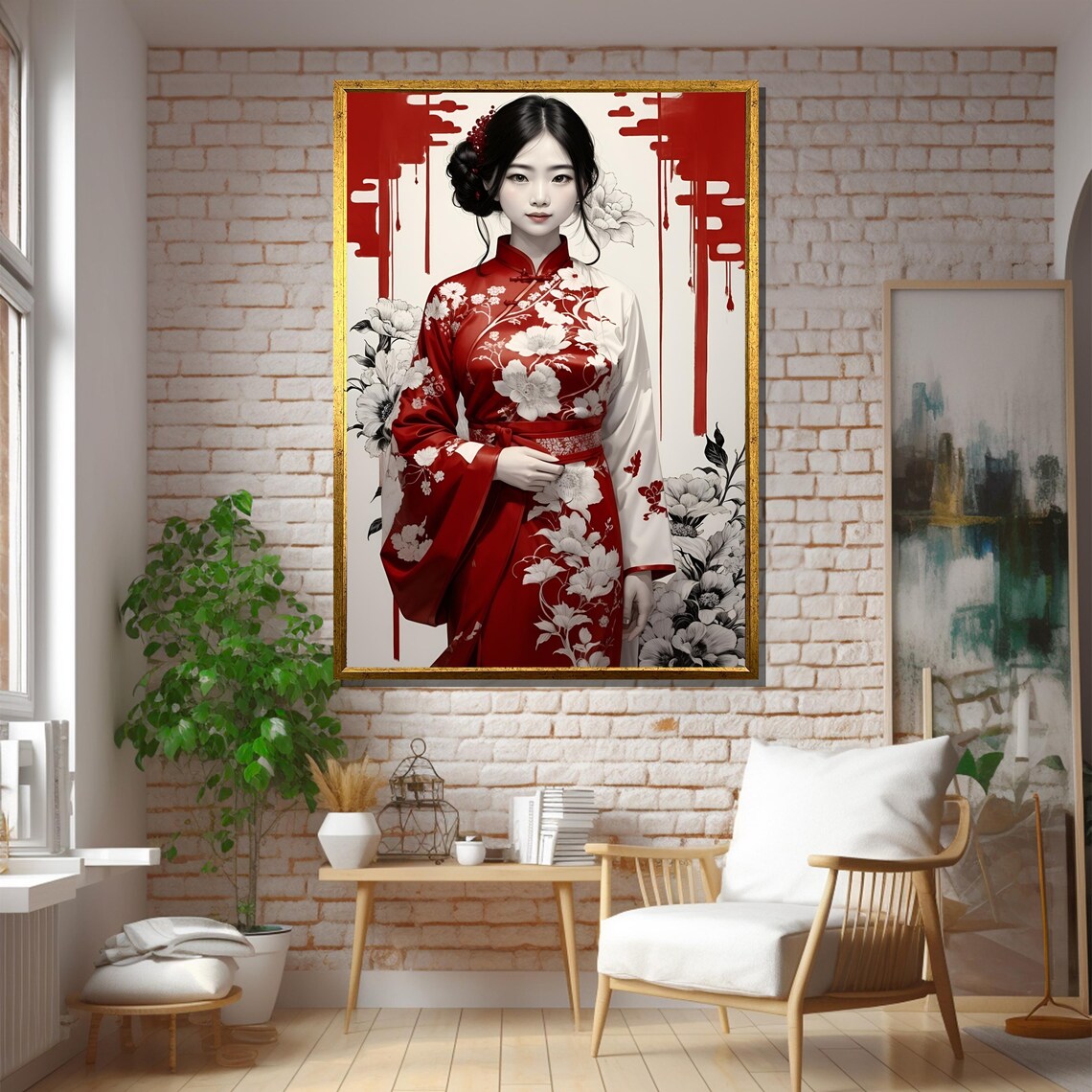 Elegant Japanese Woman in Red Kimono, Modern Decor - Image 5
