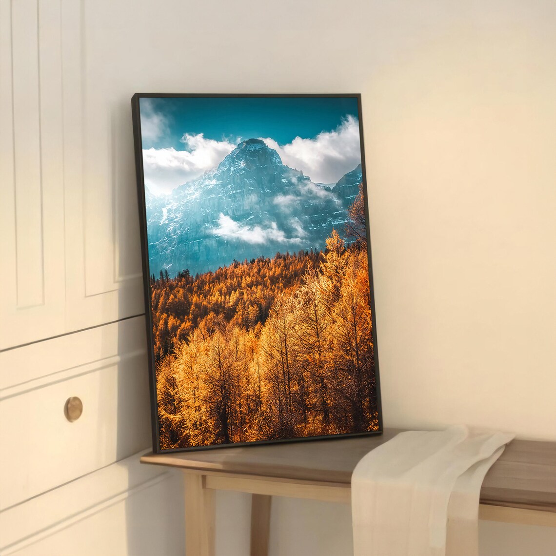 Golden Autumn Forest and Snow Capped Mountain Art Print - Image 5