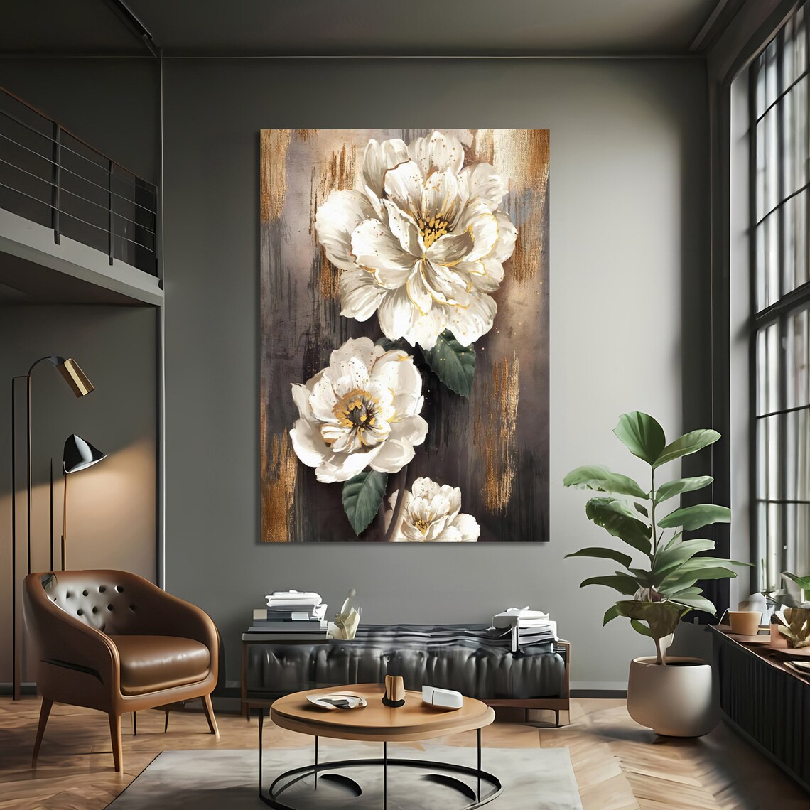 Elegant White Peonies, Rustic Background Floral Print - Image 3