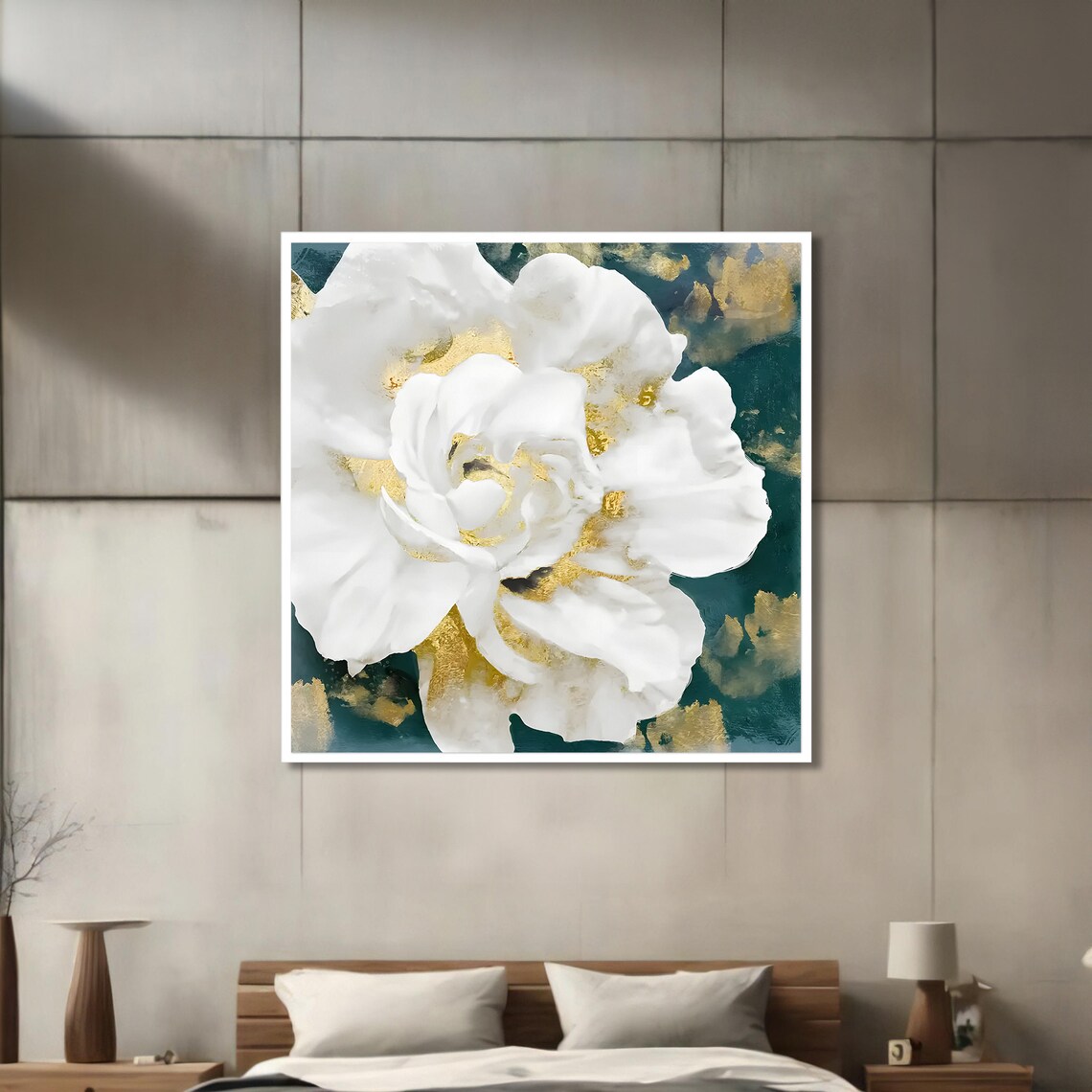 Elegant White Flower With Gold Accents, Modern Floral Art - Image 3