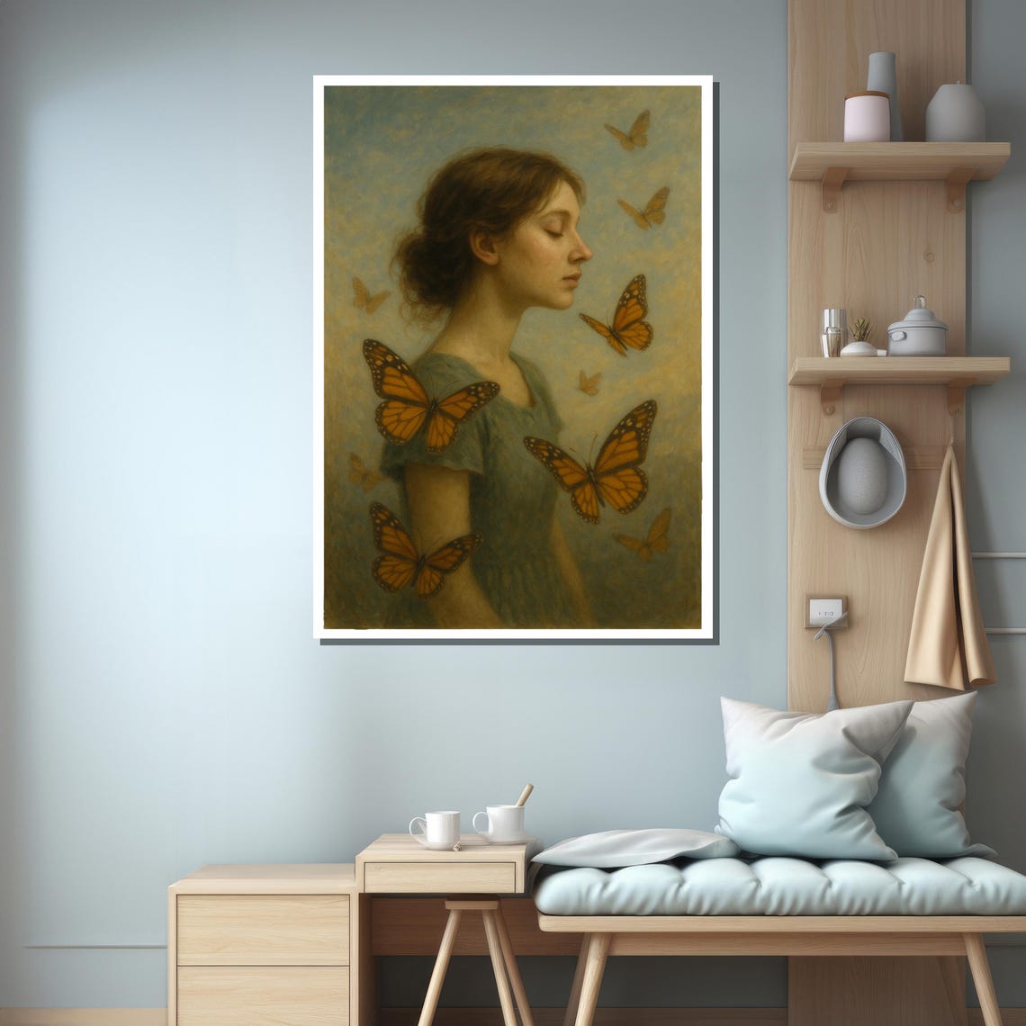 Girl With Butterflies, Blue Dress Art Print - Image 3