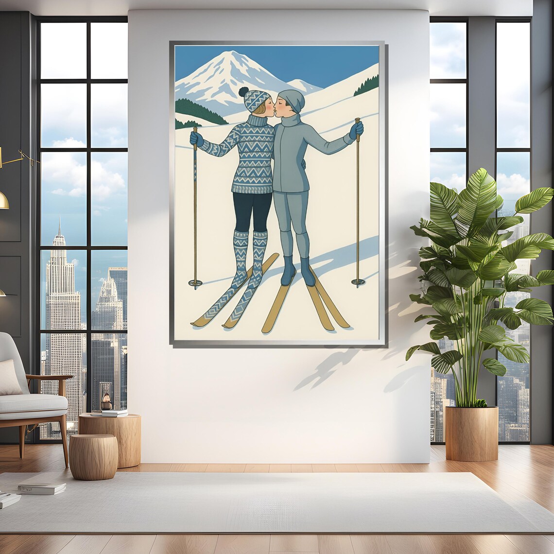 Romantic Ski Couple Painting, Winter Love Decor - Image 4