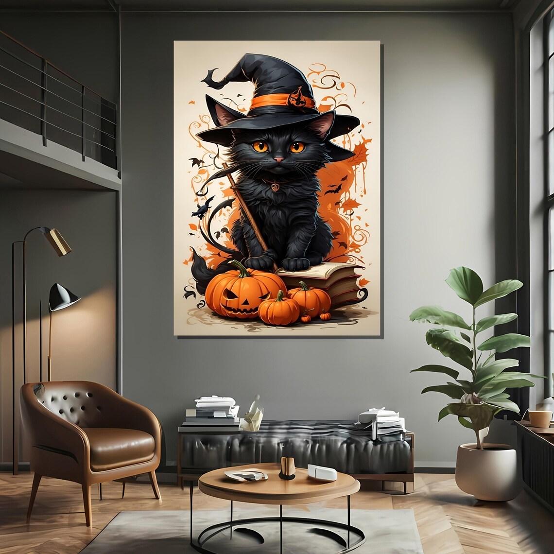 Black Witch Cat With Pumpkins Cute Halloween Spooky Animal Poster - Image 2