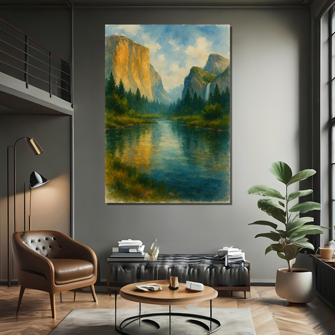 Majestic Mountain River Landscape Painting Framed Black White Gold Silver Gallery Wrapped Or Rolled Art Print Serene Decor - Image 2