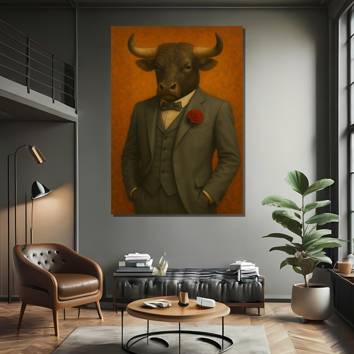 Elegant Bull In Tuxedo With Red Rose Art Print - Image 2