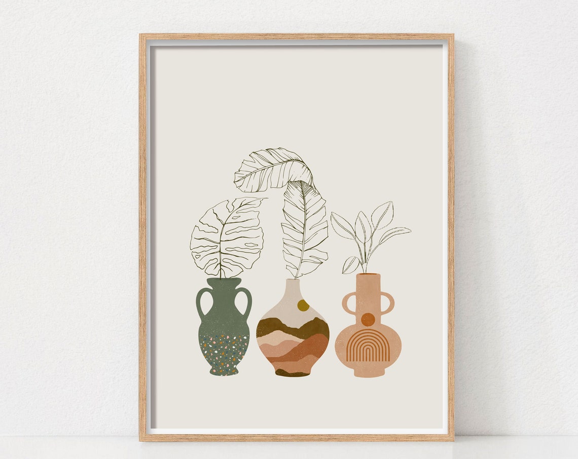 Boho Line Art Ceramic Vases Earthy Botanical Minimalist Wall Art