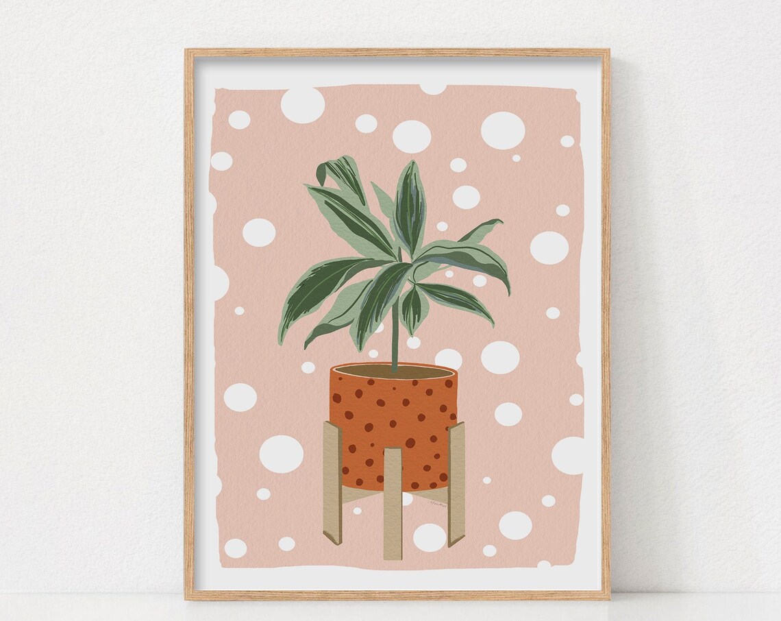 Boho House Plants Botanical Poster Print, Polka Dot