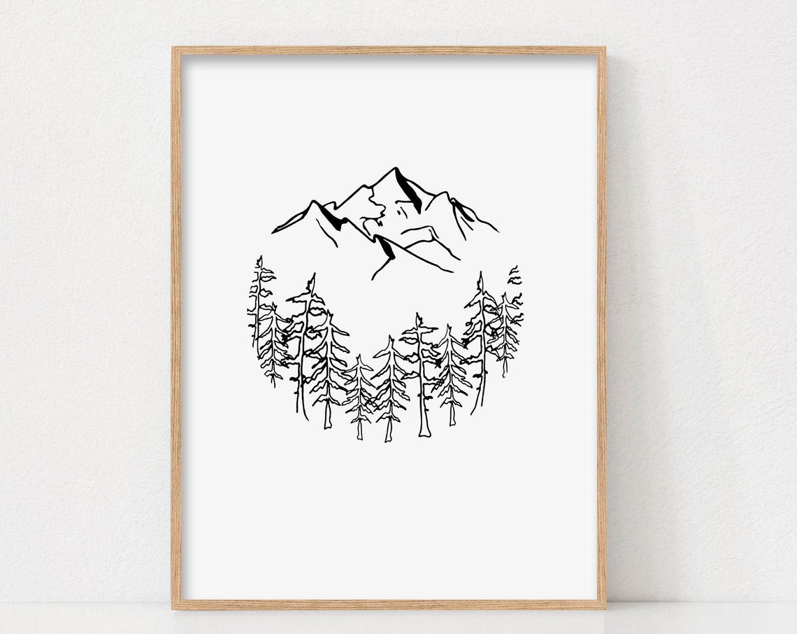 Forest Print Line Art Minimalist Wanderlust Abstract Wall Black And White