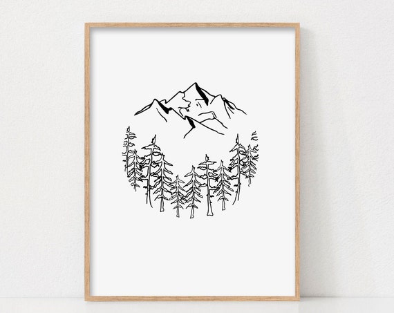 Forest Print Line Art Minimalist Wanderlust Abstract Wall Black And White