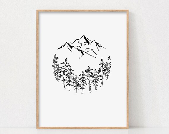 Minimalist Black and White Mountain Pine Forest Line Drawing Decor Poster