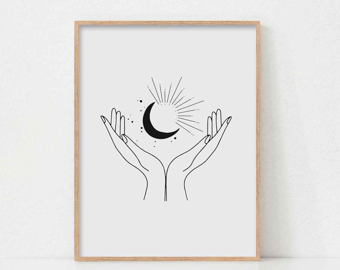 Celestial Moon Boho Art Print, Black And White Neutral