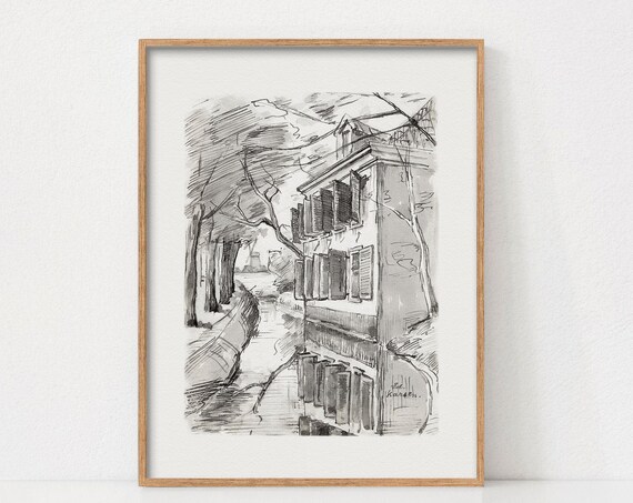 Vintage Architecture Sketch Art Print, Building Drawing