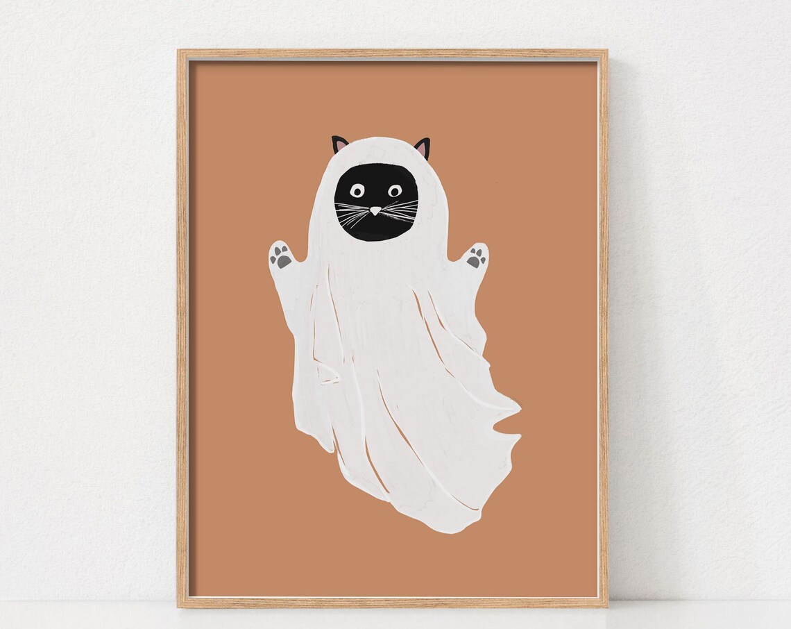 Halloween Cat Peekaboo Art Print, Holiday Decor