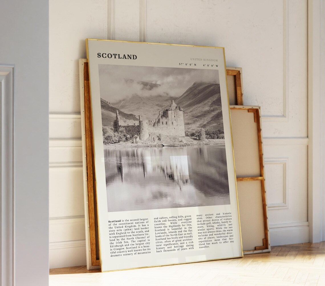 Scotland Highland Castle Ruin Misty Lake Black And White Poster