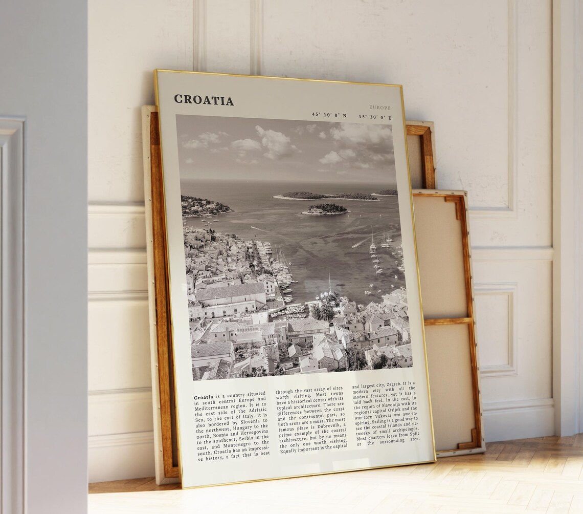 Croatia Adriatic Coastal Town Black and White Vintage Travel Poster
