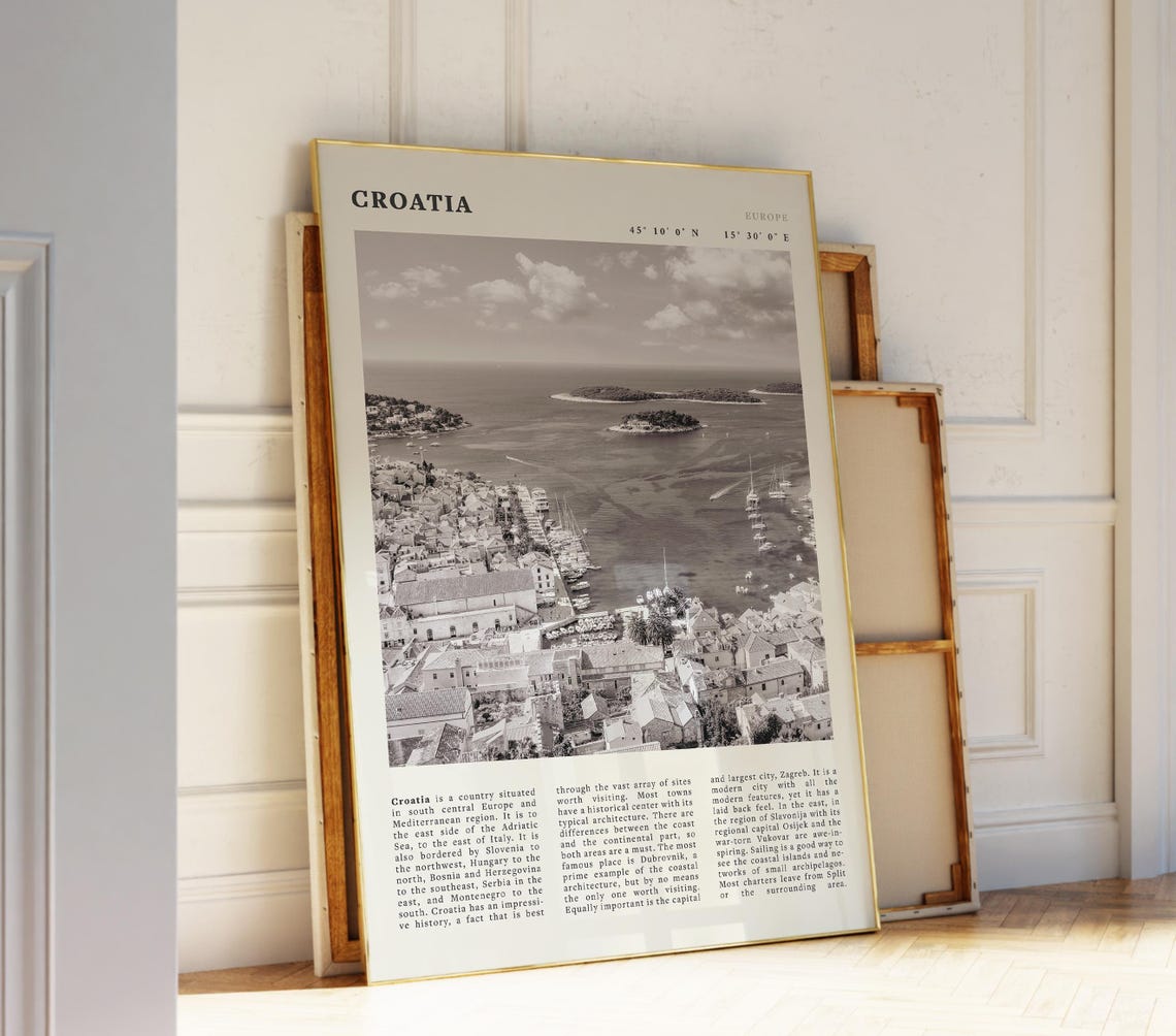 Croatia Poster Adriatic Coastal Wall Art Vintage Black And White Travel Print