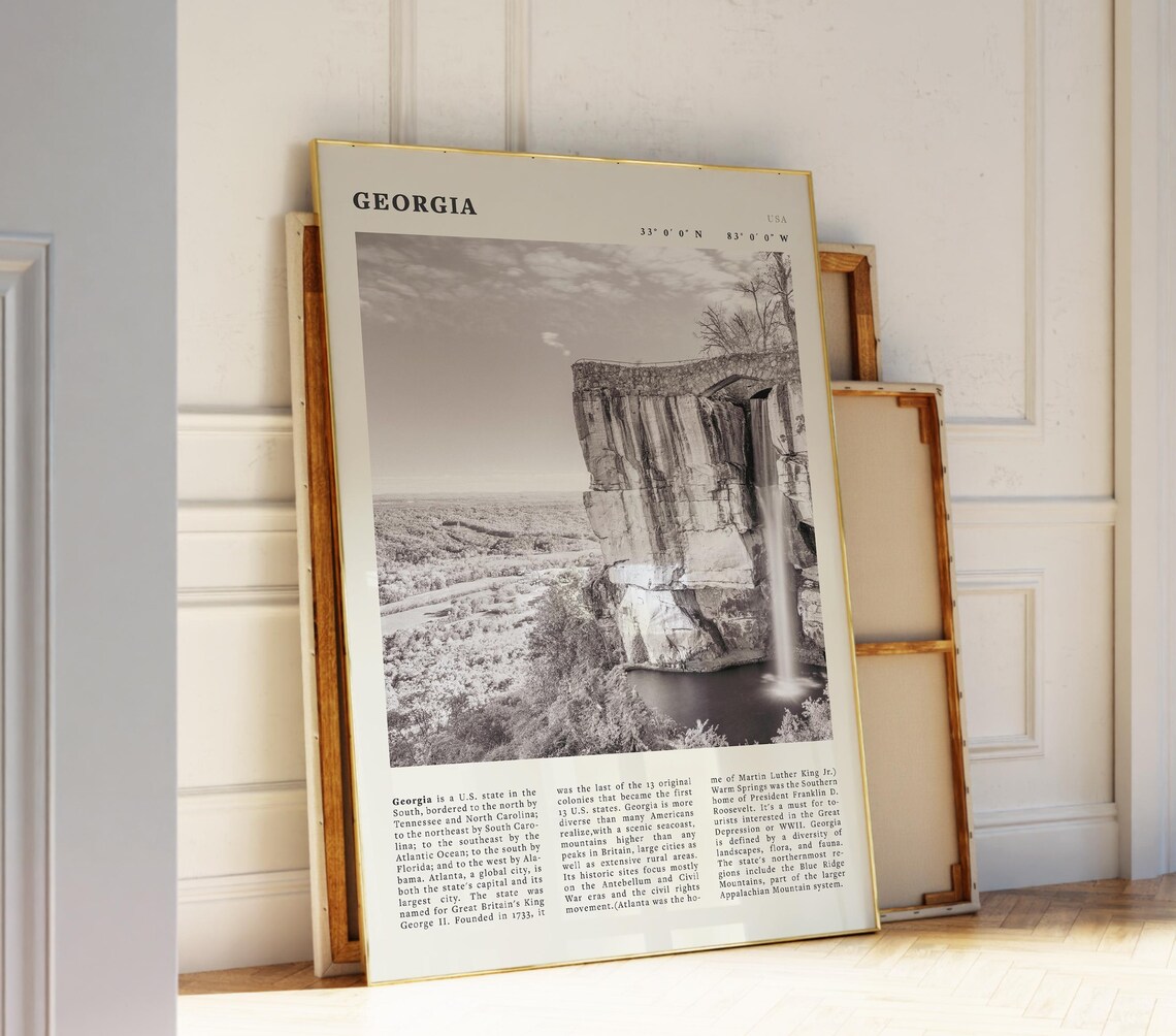 Georgia Black White Rocky Cliffs Landscape Travel Poster with Coordinates