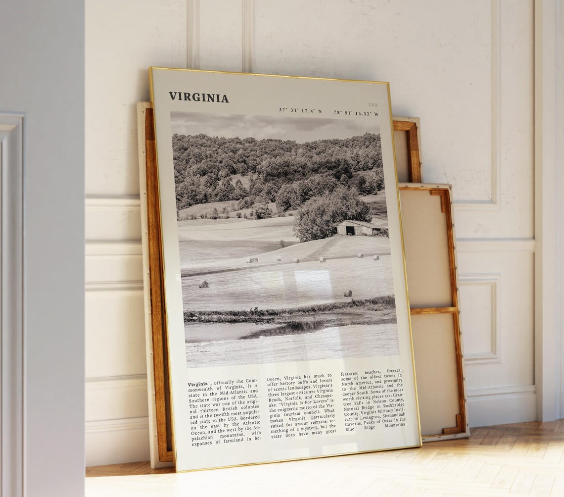 Virginia Black White Poster Vintage Blue Ridge Print Ideal Gift For Nature Lovers