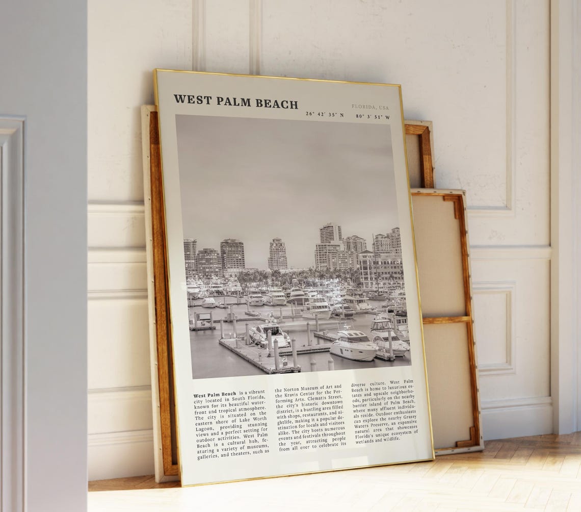 West Palm Beach Florida Black White Poster Vintage Travel Wall Art Print Idea For Coastal Lovers