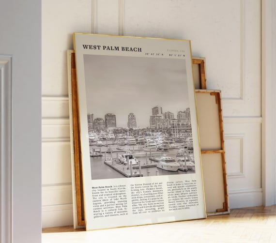 West Palm Beach Florida Black White Poster Vintage Travel Wall Art Print Idea For Coastal Lovers