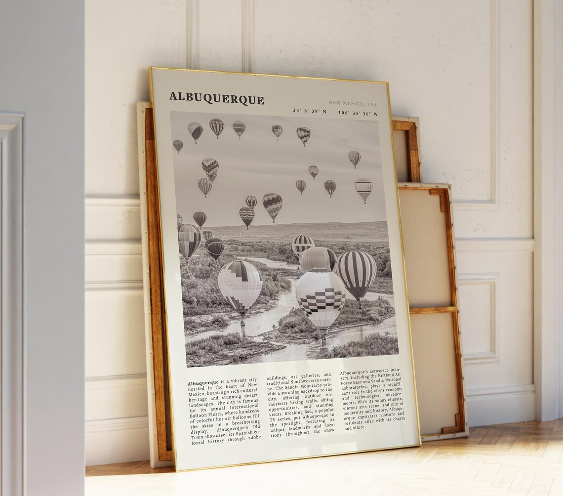 Albuquerque New Mexico Black White Hot Air Balloons Travel Poster