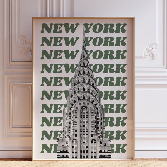 Chrysler Building Green New York Retro Typography City Poster