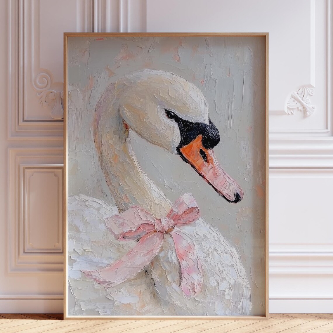 Textured Swan Portrait With a Pink Bow in Coquette Style Wall Art