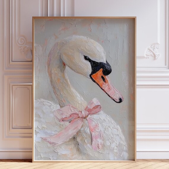 Textured Swan Portrait With a Pink Bow in Coquette Style Wall Art