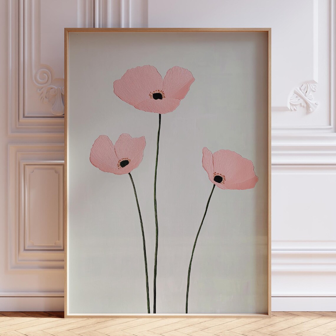 Blush Pink Poppies Dark Centers Minimalist Floral Painting Art Print
