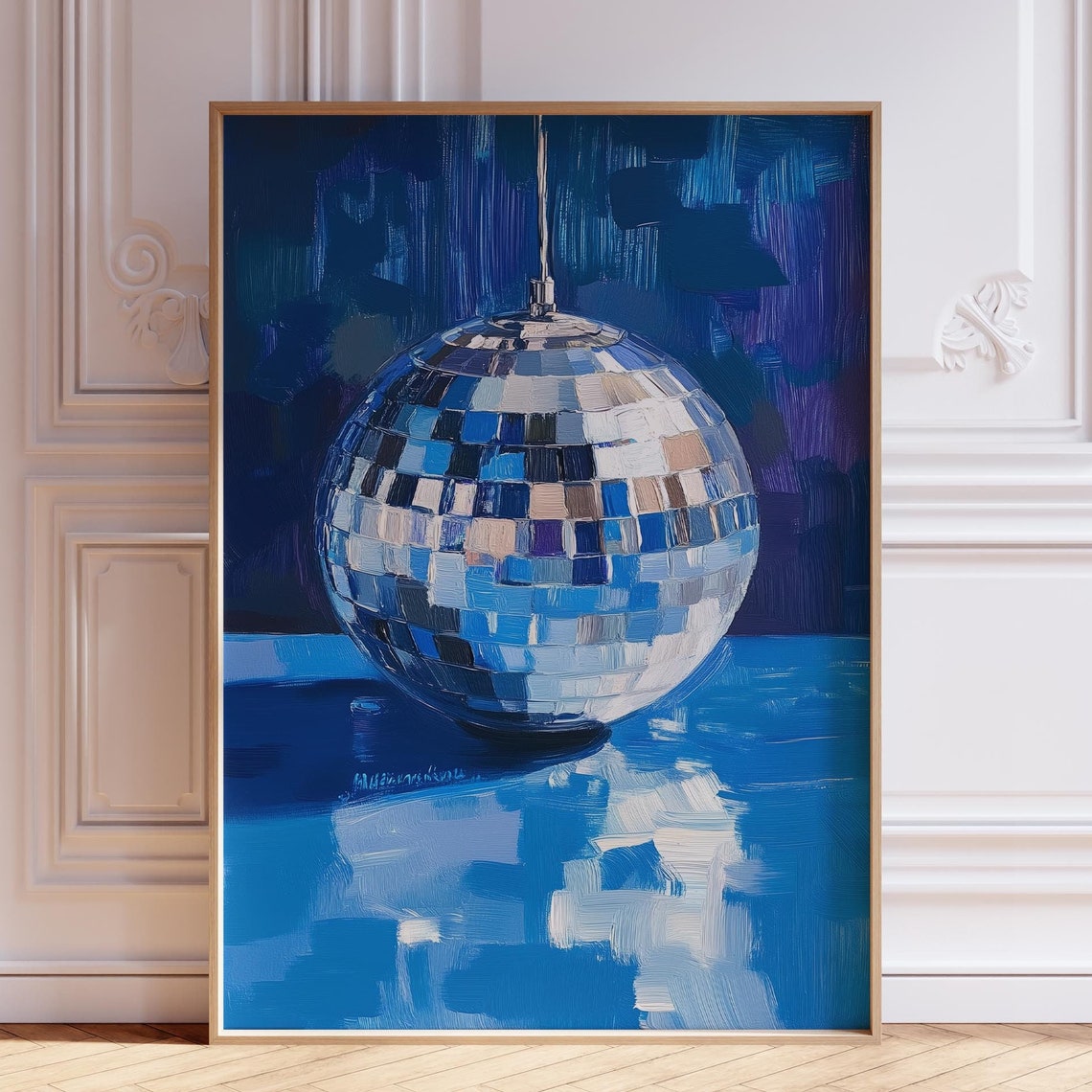 Blue Disco Ball Mirrorball Impasto Painting Retro Wall Poster