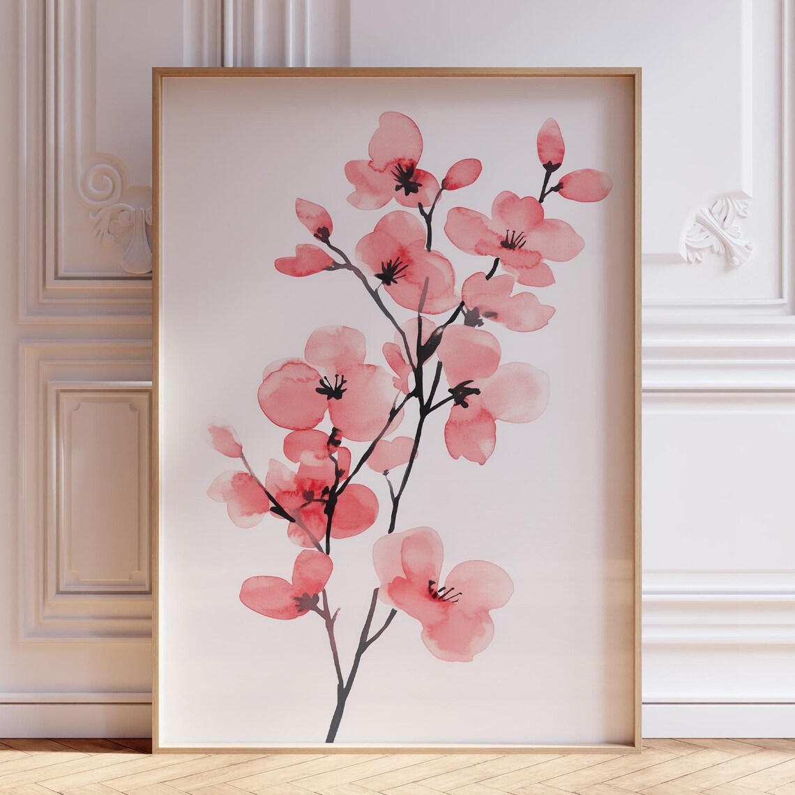 Pink Cherry Blossom Branch Watercolor Japanese Floral Art Poster