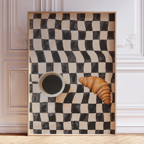 Retro Coffee Cup and Croissant Poster on Wavy Checkered Pattern