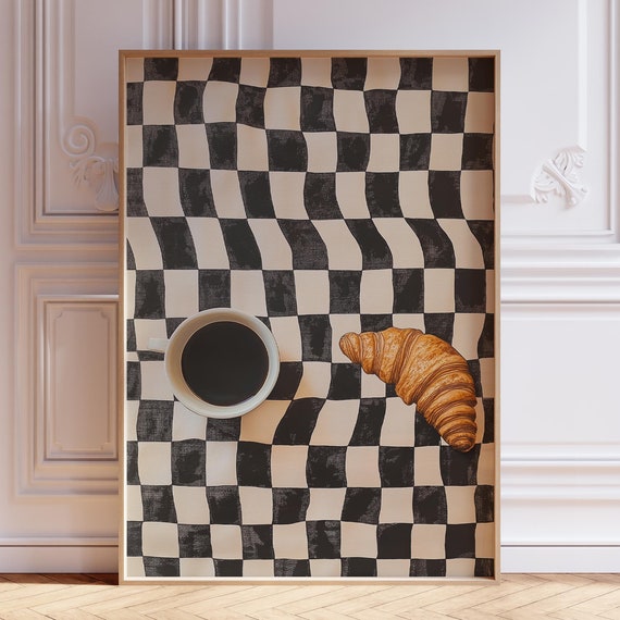 Retro Coffee Poster And Croissant Print Black White Checkered Kitchen Food Drink