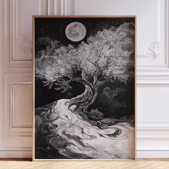Black And White Tree Of Life Wall Art Print Moody Spiritual Painting Vertical