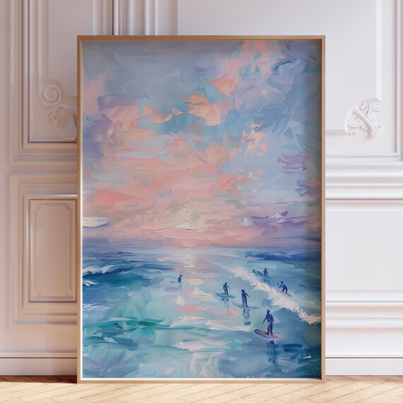 Surfers Riding Waves At Pastel Sunset Impressionist Ocean Poster